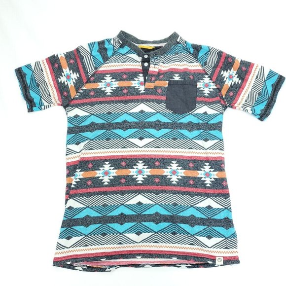 Free Planet Henley T-Shirt Men Medium Aztec Southwest Short Sleeve Tee Pocket - Picture 1 of 9